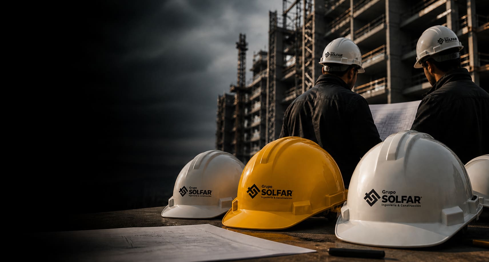 Cascos de ingeniería con el logo de Grupo Solfar en una obra